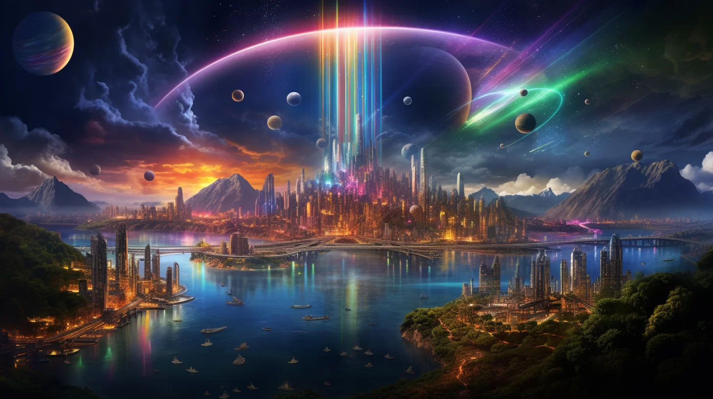 Imagem-gerada-com-IA-de-uma-Cidade-alienigena-flutuante-com-arco-iris-e-planetas-no-ceu
