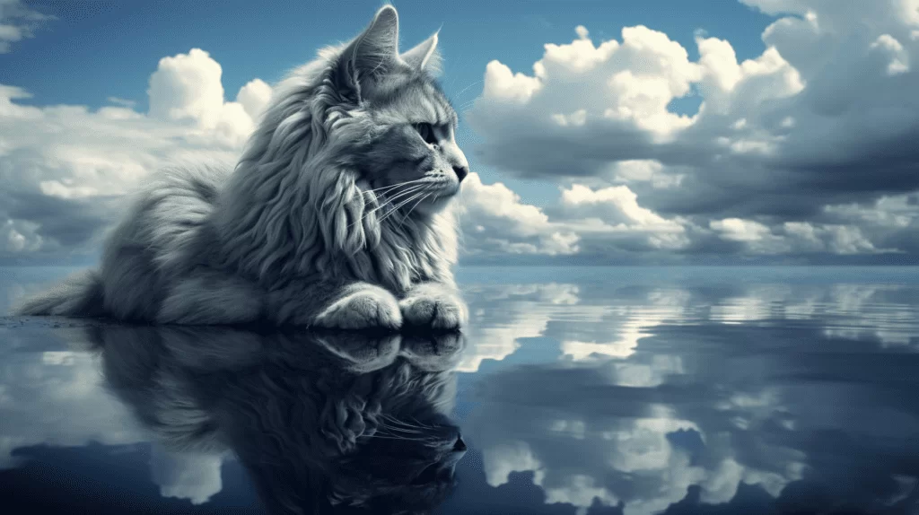 Um-gato-cinza-sentado-em-uma-poca-de-agua-refletindo-o-ceu-e-as-nuvens