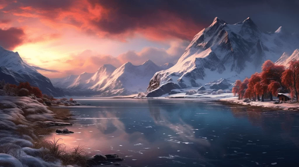 paisagem-ao-por-do-sol-com-montanhas-cobertas-de-neve-e-um-lago-cristalino-na-frente